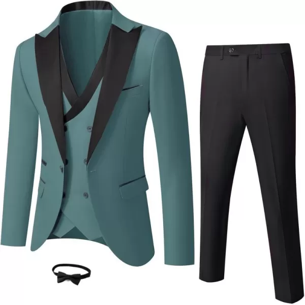 YND Mens 3 Piece Slim Fit Wedding Tuxedo Set Peak Lapel One Button Suit Jacket Double Breasted Vest Pants with Bow TieGreen