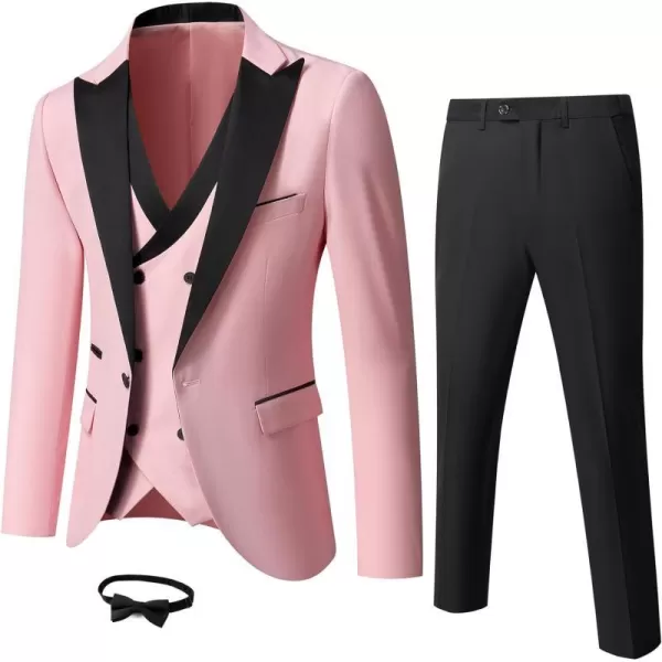 YND Mens 3 Piece Slim Fit Wedding Tuxedo Set Peak Lapel One Button Suit Jacket Double Breasted Vest Pants with Bow TieLight Pink