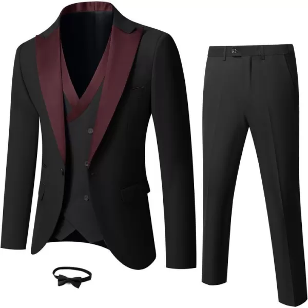 YND Mens 3 Piece Slim Fit Wedding Tuxedo Set Peak Lapel One Button Suit Jacket Double Breasted Vest Pants with Bow TieMaroon Collar Black