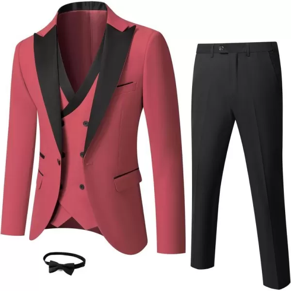 YND Mens 3 Piece Slim Fit Wedding Tuxedo Set Peak Lapel One Button Suit Jacket Double Breasted Vest Pants with Bow TiePink