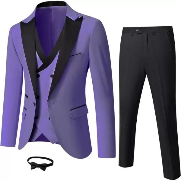 YND Mens 3 Piece Slim Fit Wedding Tuxedo Set Peak Lapel One Button Suit Jacket Double Breasted Vest Pants with Bow TiePurple