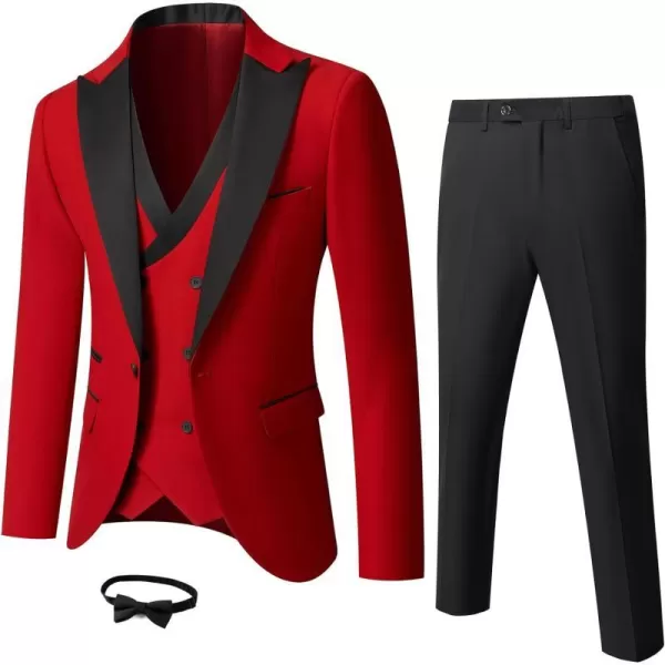 YND Mens 3 Piece Slim Fit Wedding Tuxedo Set Peak Lapel One Button Suit Jacket Double Breasted Vest Pants with Bow TieRed