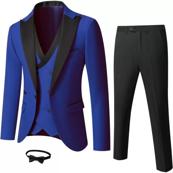 YND Mens 3 Piece Slim Fit Wedding Tuxedo Set Peak Lapel One Button Suit Jacket Double Breasted Vest Pants with Bow TieSapphire