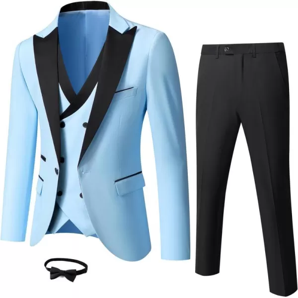 YND Mens 3 Piece Slim Fit Wedding Tuxedo Set Peak Lapel One Button Suit Jacket Double Breasted Vest Pants with Bow TieSky Blue