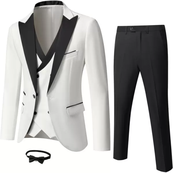 YND Mens 3 Piece Slim Fit Wedding Tuxedo Set Peak Lapel One Button Suit Jacket Double Breasted Vest Pants with Bow TieWhite