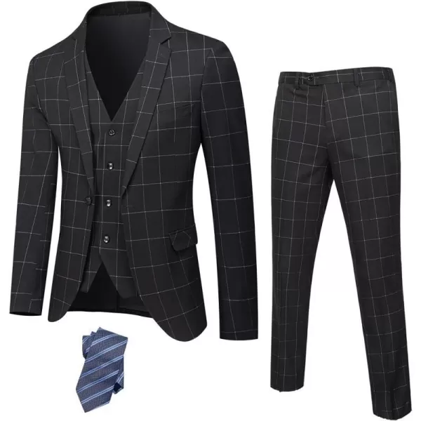 YND Mens Slim Fit 2 Button 3 Piece Suit Set Solid Blazer Jacket Vest Pants amp TieBlack  White Plaid