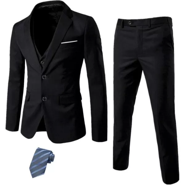 YND Mens Slim Fit 2 Button 3 Piece Suit Set Solid Blazer Jacket Vest Pants amp TieBlack