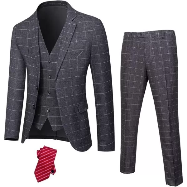 YND Mens Slim Fit 2 Button 3 Piece Suit Set Solid Blazer Jacket Vest Pants amp TieDeep Grey  White Plaid