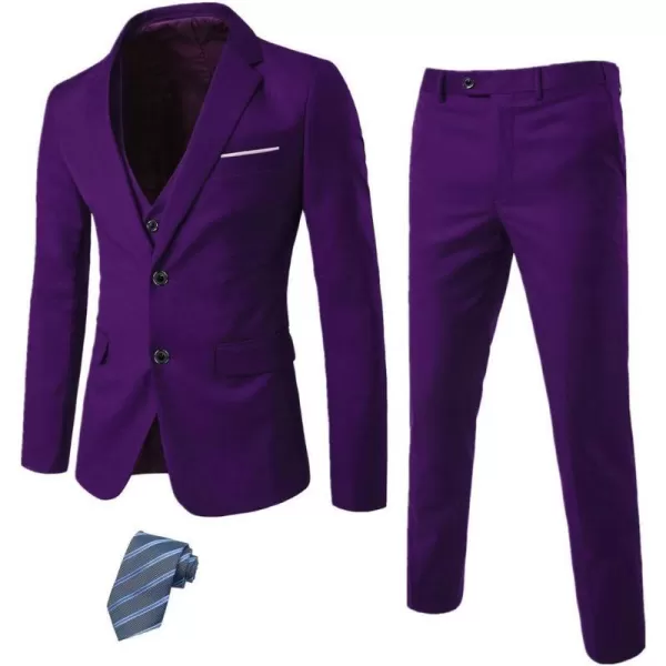 YND Mens Slim Fit 2 Button 3 Piece Suit Set Solid Blazer Jacket Vest Pants amp TieDeep Purple