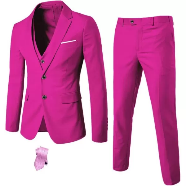 YND Mens Slim Fit 2 Button 3 Piece Suit Set Solid Blazer Jacket Vest Pants amp TieFuchsia