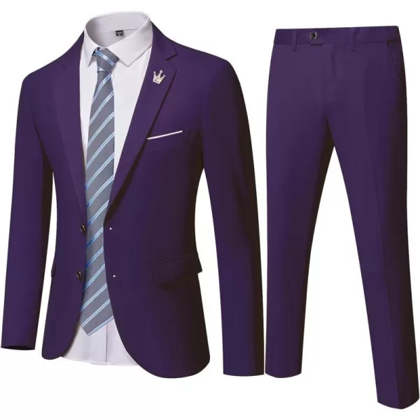 YND Mens Slim Fit 2 Piece Suit 2 Button Notch Lapel Solid Jacket Pants Set with Tie Party Wedding Dress Blazer TuxDeep Purple