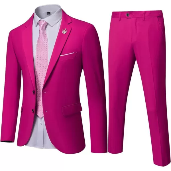 YND Mens Slim Fit 2 Piece Suit 2 Button Notch Lapel Solid Jacket Pants Set with Tie Party Wedding Dress Blazer TuxFuchsia