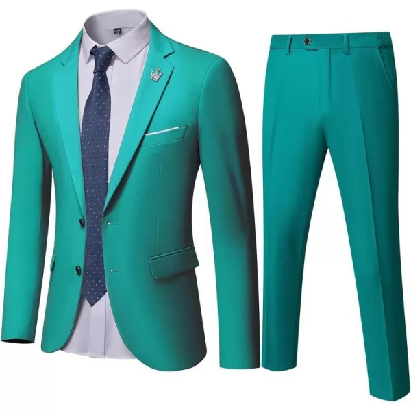 YND Mens Slim Fit 2 Piece Suit 2 Button Notch Lapel Solid Jacket Pants Set with Tie Party Wedding Dress Blazer TuxGreen