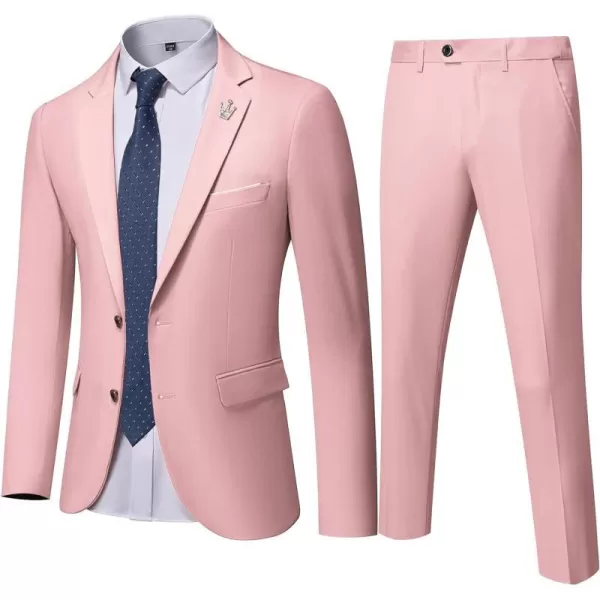 YND Mens Slim Fit 2 Piece Suit 2 Button Notch Lapel Solid Jacket Pants Set with Tie Party Wedding Dress Blazer TuxLight Pink