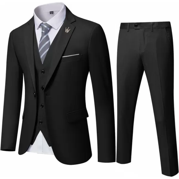 YND Mens Slim Fit 3 Piece Suit One Button Solid Jacket Vest Pants Set with TieBlack