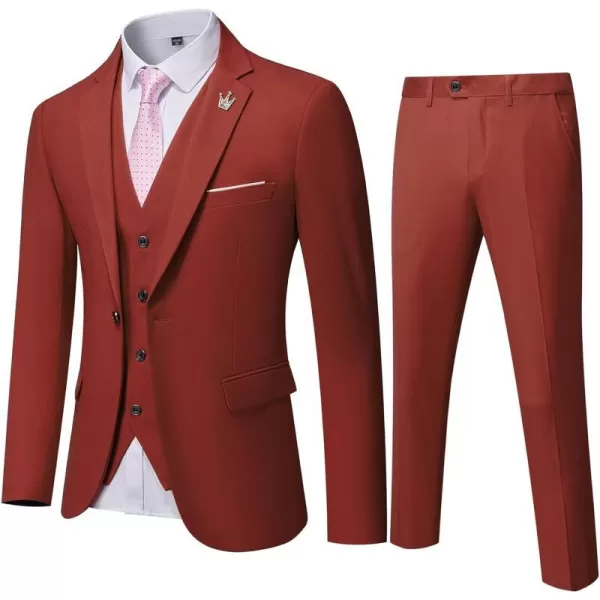 YND Mens Slim Fit 3 Piece Suit One Button Solid Jacket Vest Pants Set with TieBrick Red