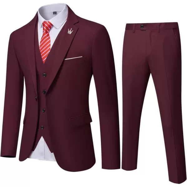 YND Mens Slim Fit 3 Piece Suit One Button Solid Jacket Vest Pants Set with TieBurgundy