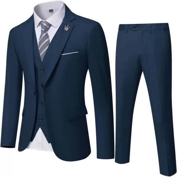 YND Mens Slim Fit 3 Piece Suit One Button Solid Jacket Vest Pants Set with TieDeep Blue