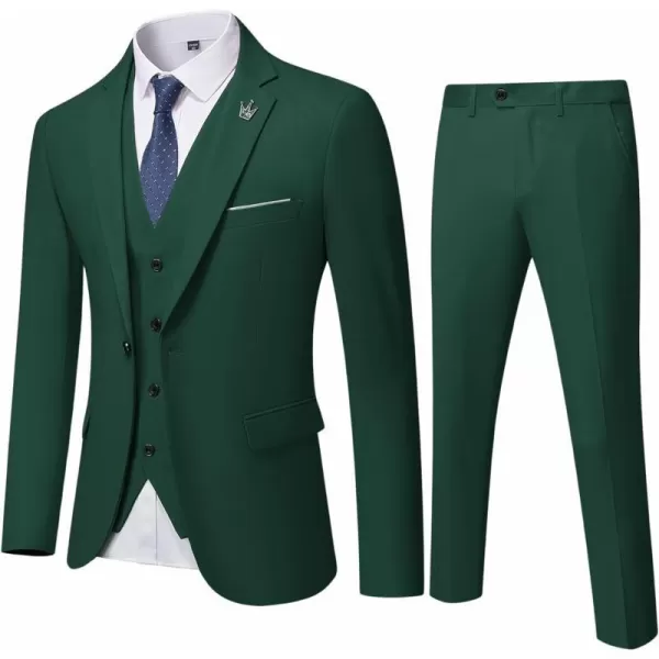 YND Mens Slim Fit 3 Piece Suit One Button Solid Jacket Vest Pants Set with TieDeep Green