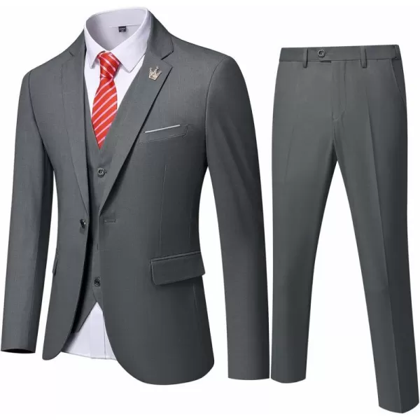 YND Mens Slim Fit 3 Piece Suit One Button Solid Jacket Vest Pants Set with TieDeep Grey