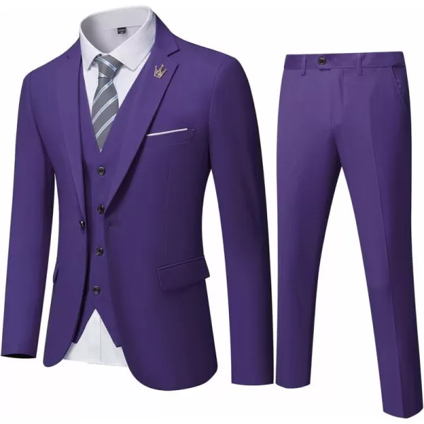 YND Mens Slim Fit 3 Piece Suit One Button Solid Jacket Vest Pants Set with TieDeep Purple