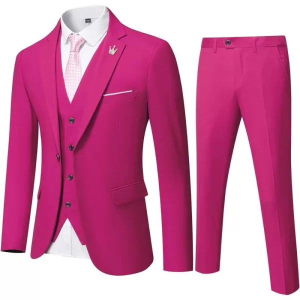 YND Mens Slim Fit 3 Piece Suit One Button Solid Jacket Vest Pants Set with TieFuchsia