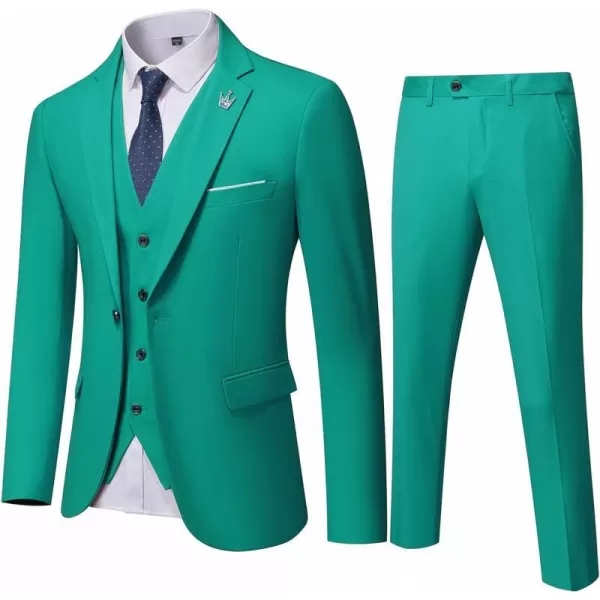 YND Mens Slim Fit 3 Piece Suit One Button Solid Jacket Vest Pants Set with TieGreen