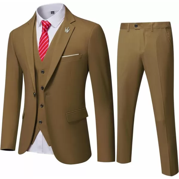 YND Mens Slim Fit 3 Piece Suit One Button Solid Jacket Vest Pants Set with TieKhaki