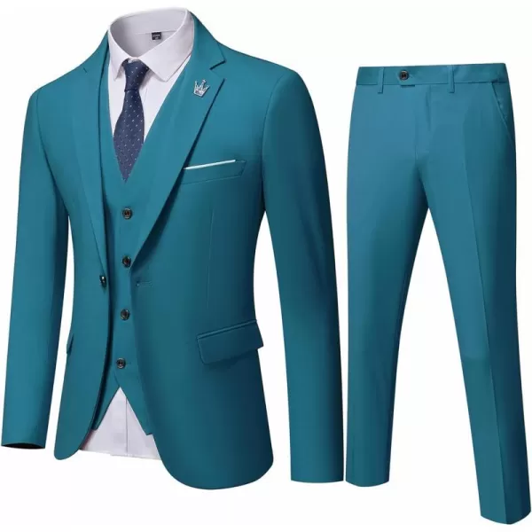 YND Mens Slim Fit 3 Piece Suit One Button Solid Jacket Vest Pants Set with TieLight Blue