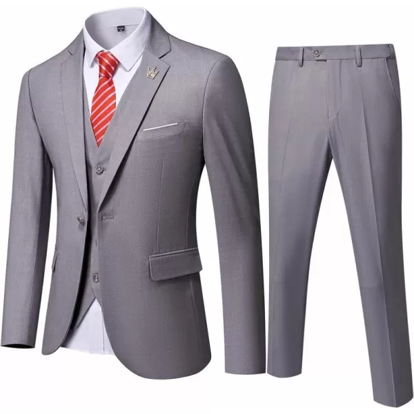 YND Mens Slim Fit 3 Piece Suit One Button Solid Jacket Vest Pants Set with TieLight Grey