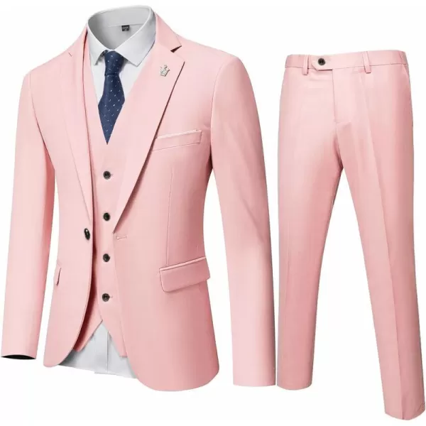 YND Mens Slim Fit 3 Piece Suit One Button Solid Jacket Vest Pants Set with TieLight Pink