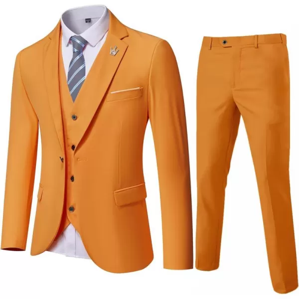 YND Mens Slim Fit 3 Piece Suit One Button Solid Jacket Vest Pants Set with TieOrange