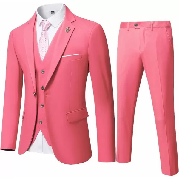 YND Mens Slim Fit 3 Piece Suit One Button Solid Jacket Vest Pants Set with TiePink