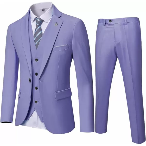 YND Mens Slim Fit 3 Piece Suit One Button Solid Jacket Vest Pants Set with TiePurple