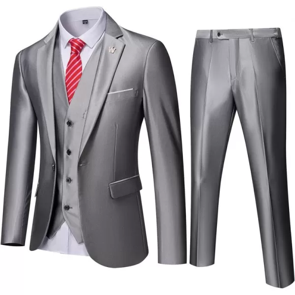 YND Mens Slim Fit 3 Piece Suit One Button Solid Jacket Vest Pants Set with TieSilver Grey