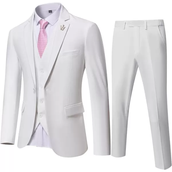 YND Mens Slim Fit 3 Piece Suit One Button Solid Jacket Vest Pants Set with TieWhite