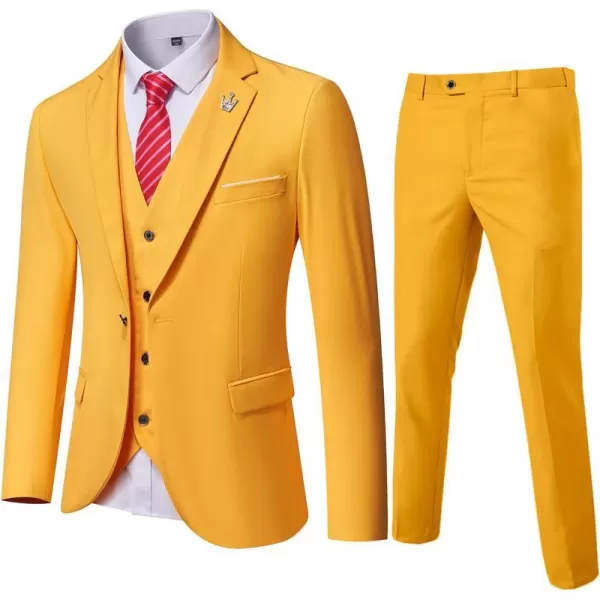 YND Mens Slim Fit 3 Piece Suit One Button Solid Jacket Vest Pants Set with TieYellow