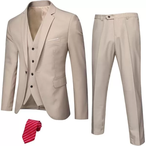 YND Mens Slim Fit 3 Piece Suit Set One Button Solid Blazer Vest Pants with TieBeige