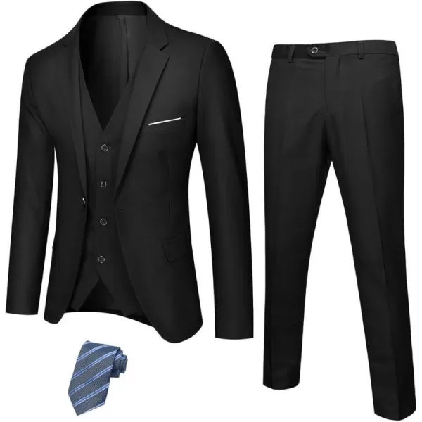 YND Mens Slim Fit 3 Piece Suit Set One Button Solid Blazer Vest Pants with TieBlack