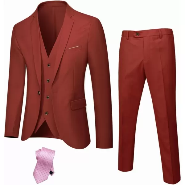 YND Mens Slim Fit 3 Piece Suit Set One Button Solid Blazer Vest Pants with TieBrick Red