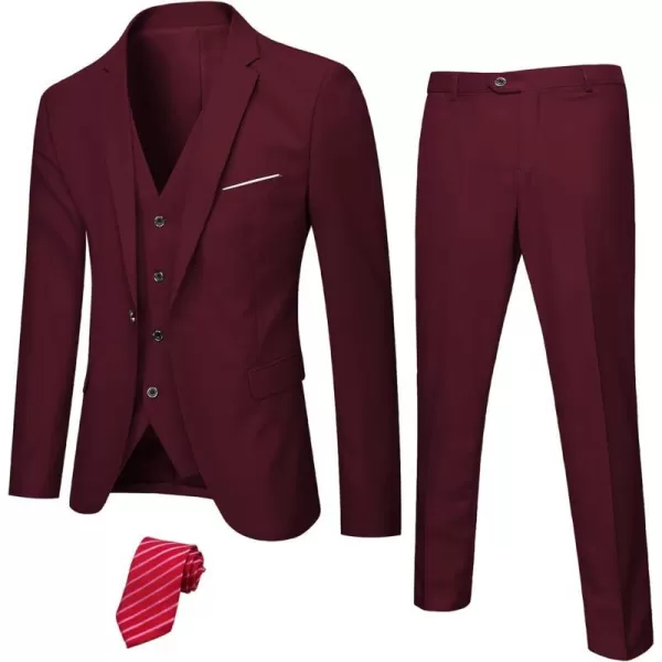 YND Mens Slim Fit 3 Piece Suit Set One Button Solid Blazer Vest Pants with TieBurgundy