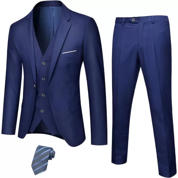 YND Mens Slim Fit 3 Piece Suit Set One Button Solid Blazer Vest Pants with TieDeep Blue