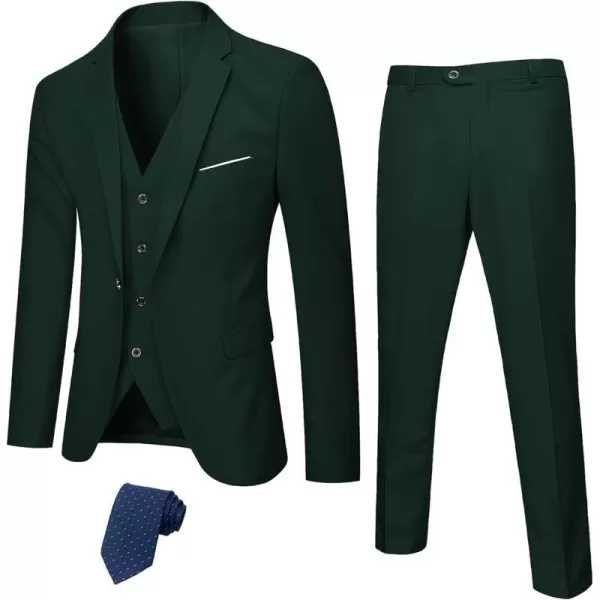 YND Mens Slim Fit 3 Piece Suit Set One Button Solid Blazer Vest Pants with TieDeep Green