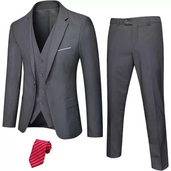 YND Mens Slim Fit 3 Piece Suit Set One Button Solid Blazer Vest Pants with TieDeep Grey