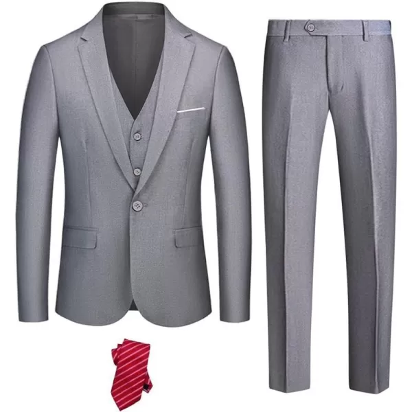 YND Mens Slim Fit 3 Piece Suit Set One Button Solid Blazer Vest Pants with TieGrey