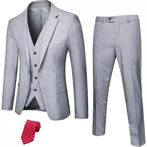 YND Mens Slim Fit 3 Piece Suit Set One Button Solid Blazer Vest Pants with TieLight Grey