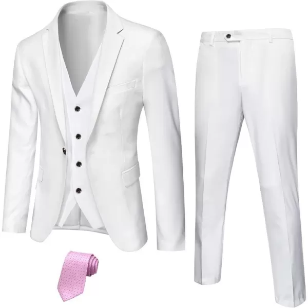 YND Mens Slim Fit 3 Piece Suit Set One Button Solid Blazer Vest Pants with TieWhite