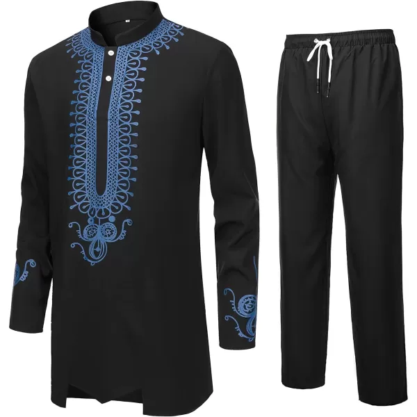 YND Mens 2 Piece African Dashiki Shirt and Pants Set Outfit with Gold PrintBlack With Blue