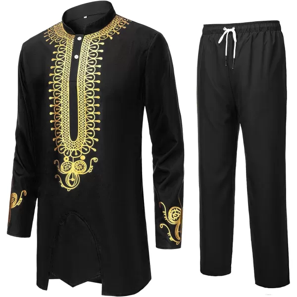 YND Mens 2 Piece African Dashiki Shirt and Pants Set Outfit with Gold PrintBlack With Gold