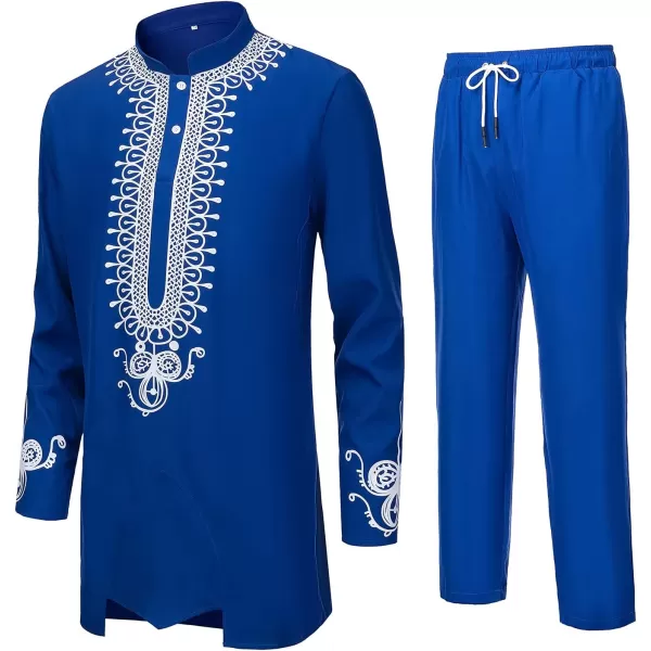 YND Mens 2 Piece African Dashiki Shirt and Pants Set Outfit with Gold PrintBlue With White